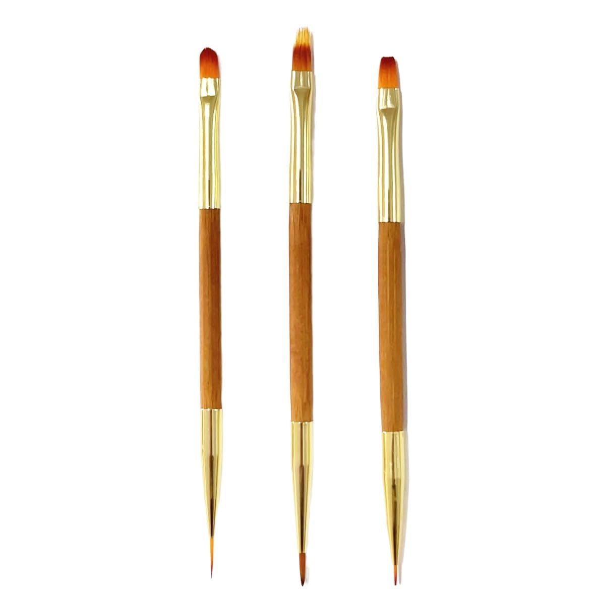 FULINJOY 3Pcs Nail Art Drawing Brushes, Short Bamboo Penholder Double End Pen Brush, Acrylic Round Flat Painting Drawing Liner Tools