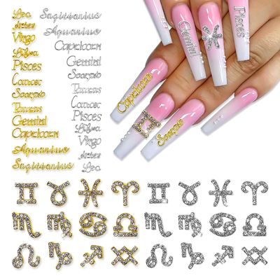 JERCLITY 48 Pieces Gold Silver Alloy Zodiac Nail Charms Zodiac Signs Nail Studs Constellation Words Charms for Nails Twelve Constellation Set for Women Girls