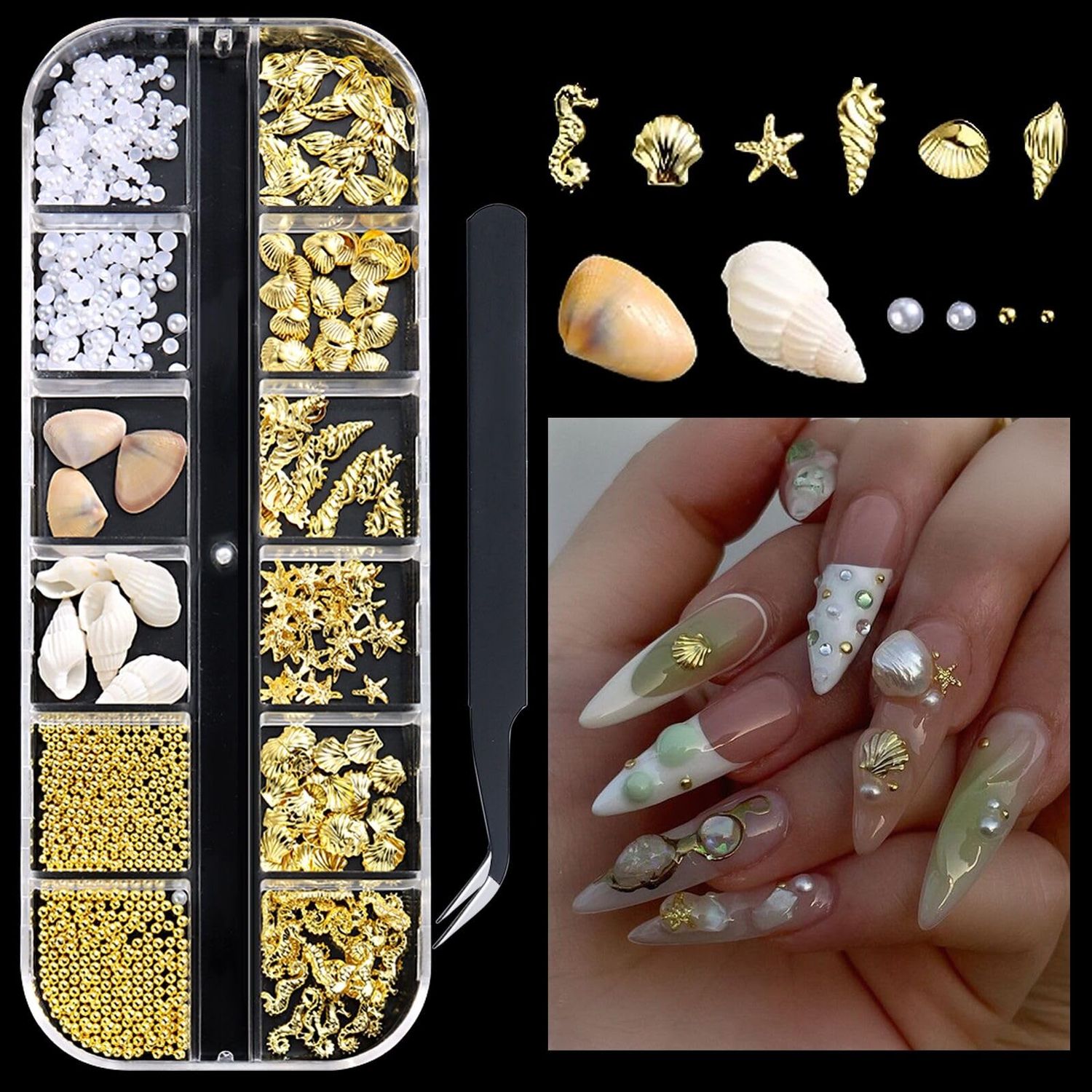 SUTOKAKA 3D Metal Studs Nail Art Charms Mixed Style Gold Shell Seahorse Starfish Pearl Metallic Nail Rivets Beads with Tweezer Glue for Summer Ocean Beach Seaside DIY Manicure Decorations