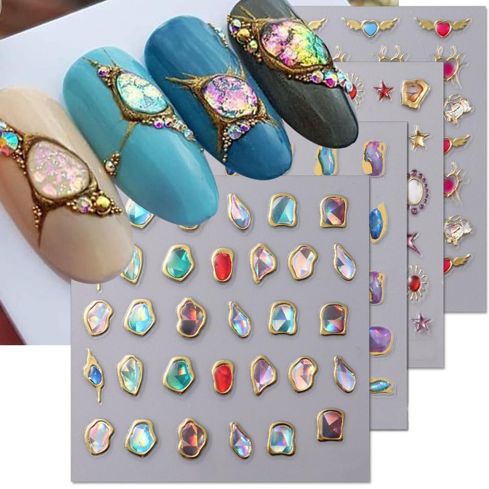 6Sheets 5D Embossed Stickers, Crystal Soft Glue Irregular Gems, Geometric Frame Art Stickers, Jelly Rhinestones Heart Star Decals, Moon Sun Cloud Nail Designs