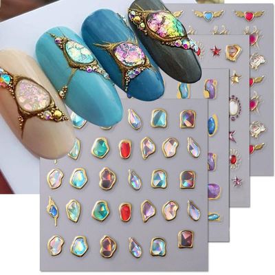 6Sheets 5D Embossed Stickers, Crystal Soft Glue Irregular Gems, Geometric Frame Art Stickers, Jelly Rhinestones Heart Star Decals, Moon Sun Cloud Nail Designs
