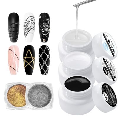 U-Shinein 3Pcs Spider Gel Set: Black &amp; White &amp; Transparent 3D Spider Gel Polish with Metallic Silver Gold Chrome Nail Powder for Nail Arts