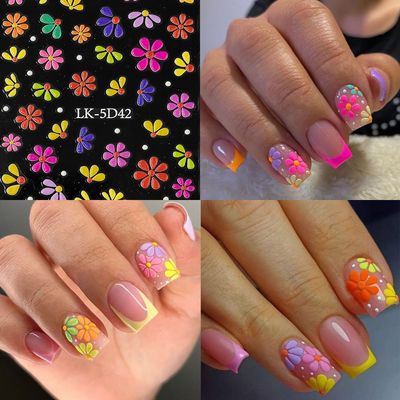 YOSOMMK Nail Art Stickers Decals 5D Embossed Flower Nail Decals Self Adhesive Spring Summer Heart Daisy Nail Supplies 3D Nail Design for Women Nail Decoration Colorful Flower Nail Stickers