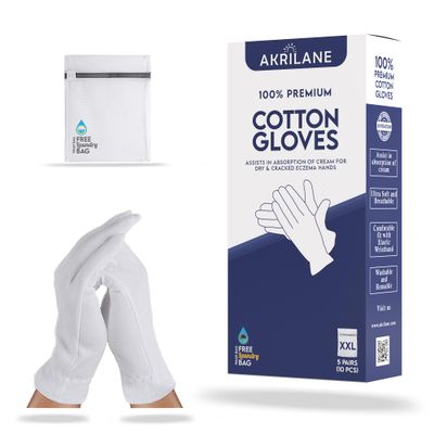 XXL Extra Extra Large 5 Pairs 100 Premium Cotton Gloves for Dry Hands | Moisturizing Overnight Gloves for Eczema, Psoriasis &amp; Skin Spa Treatment for Women &amp; Men | Free Laundry Bag