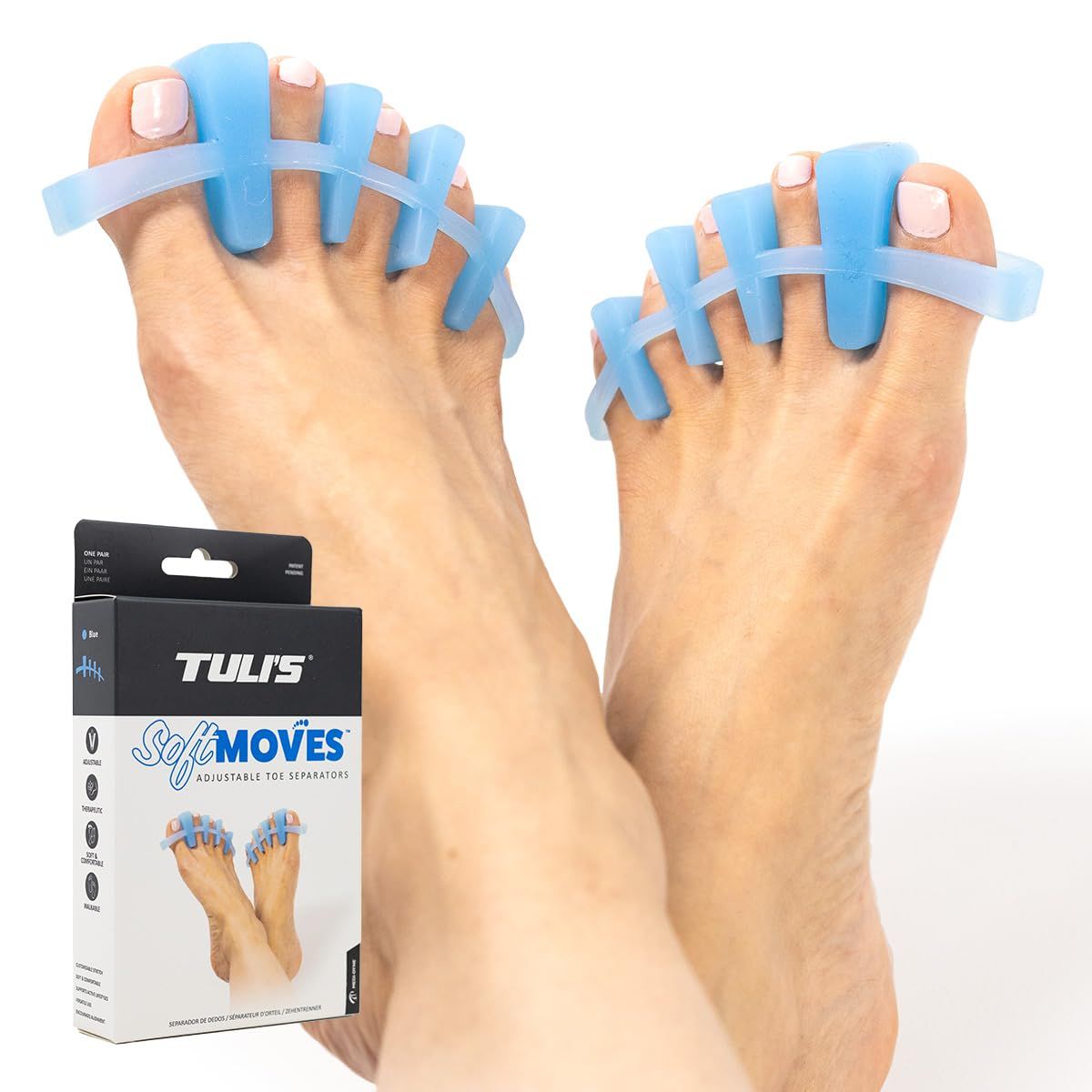 Tulis Soft Moves Adjustable Toe Separators, Soft Silicone Toe Spacers for Alignment, Bunions, Hammertoes, Plantar Fasciitis, Yoga, and Mortons Neuroma, One Size Fits All, Blue