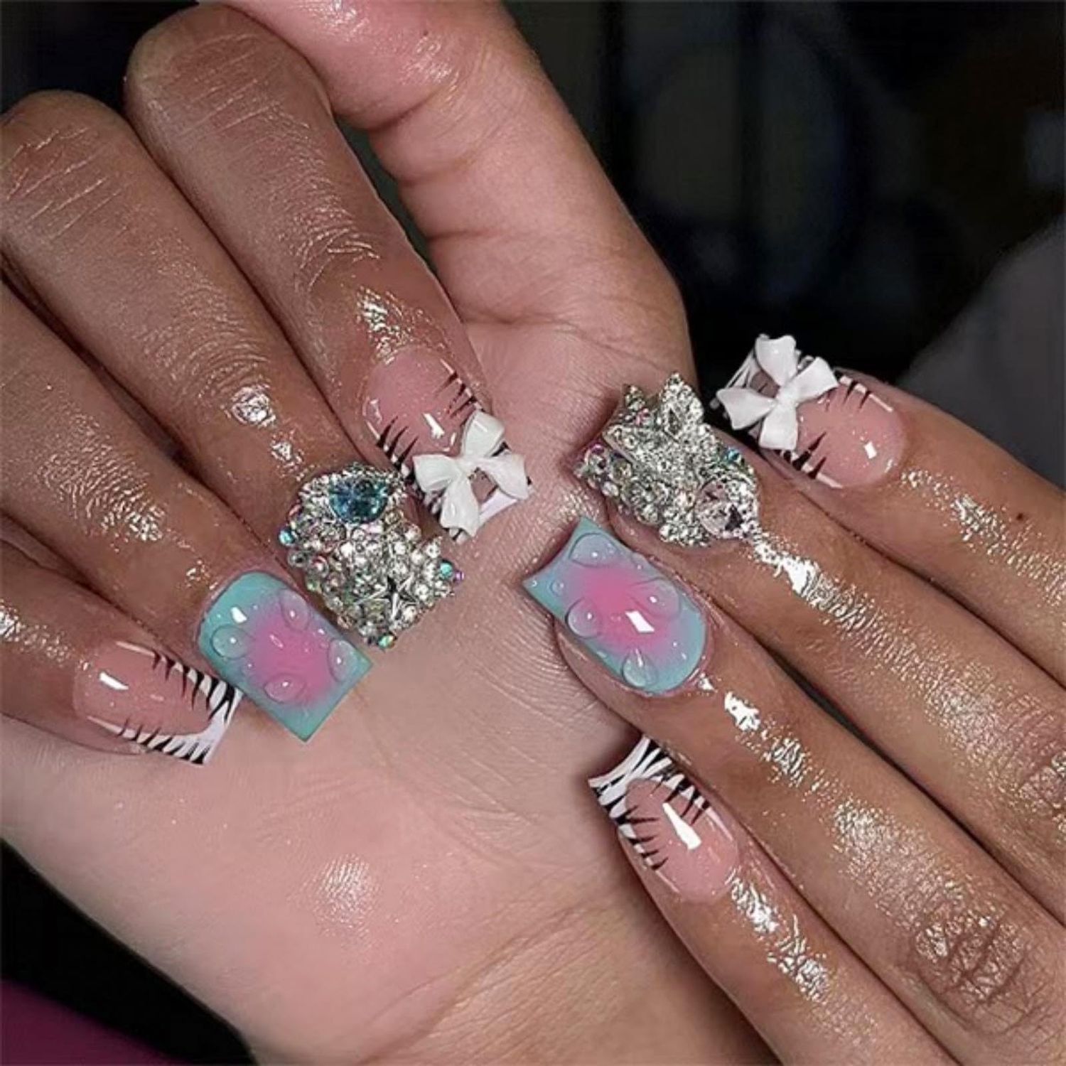 French Tip Press on Nails Short Square Fake Nails Stripe Glue on Nails with Rhinestone Bow Design Glossy Stick on Nails Artificial Acrylic Full Cover Water Drop False Nails for Women Manicure 24Pcs
