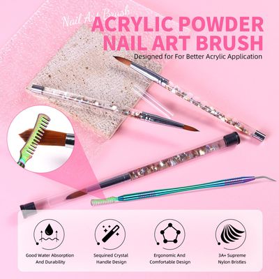 Nail Art Acrylic Brush Set - 3 Sizes (8/12/14) with Cleaning Comb, Decorative Handle Design for Professional & Home Nail Art, Manicure, and Acrylic Nail Application