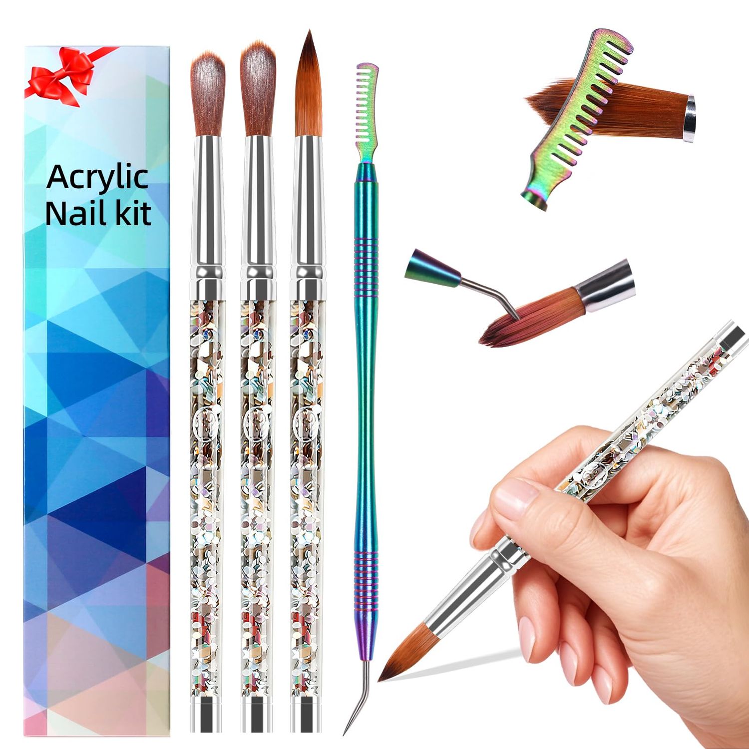 Nail Art Acrylic Brush Set - 3 Sizes (8/12/14) with Cleaning Comb, Decorative Handle Design for Professional &amp; Home Nail Art, Manicure, and Acrylic Nail Application
