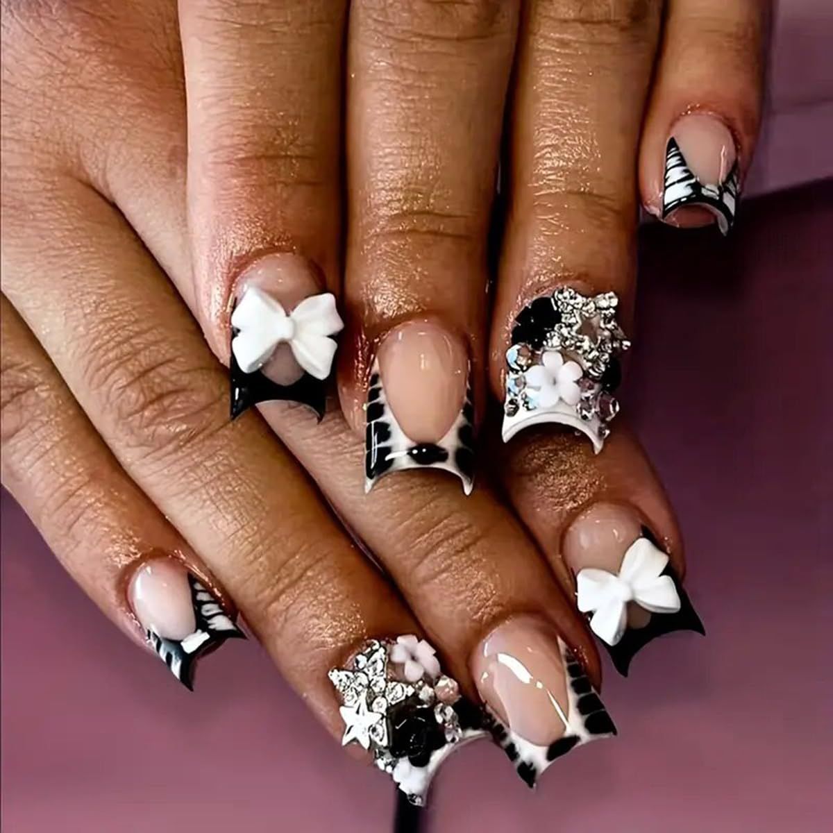 Short Square Press on Nails with 3D Bows Star Charm French Fake Nails Black French Tip Nails 3D Flower Polka Dot Gradient Acrylic False Nails Full Cover Sweet Glue on Stick on Nails for Women 24PCS