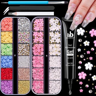 BELLEBOOST 3D Flowers Manicure Gems Nail Rhinestone Glue Gel,Colorful Acrylic Flower Nail Charms Caviar Beads,Rhinestones Nails and Gem Glue Nails (UV/LED Needed) Pickup &amp; Dotting Tools