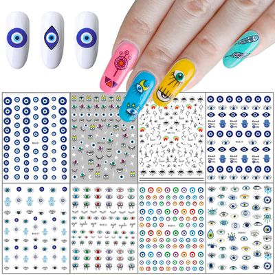 8 Sheets Evil Eye Nail Stickers - Frensh Nail Tattoos with Women Nail Art, 3D Self-Adhesive Witch Nail Decals for DIY Nail Art Supplies, Pegatinas para Uas with Eyes Pattern Nails Design