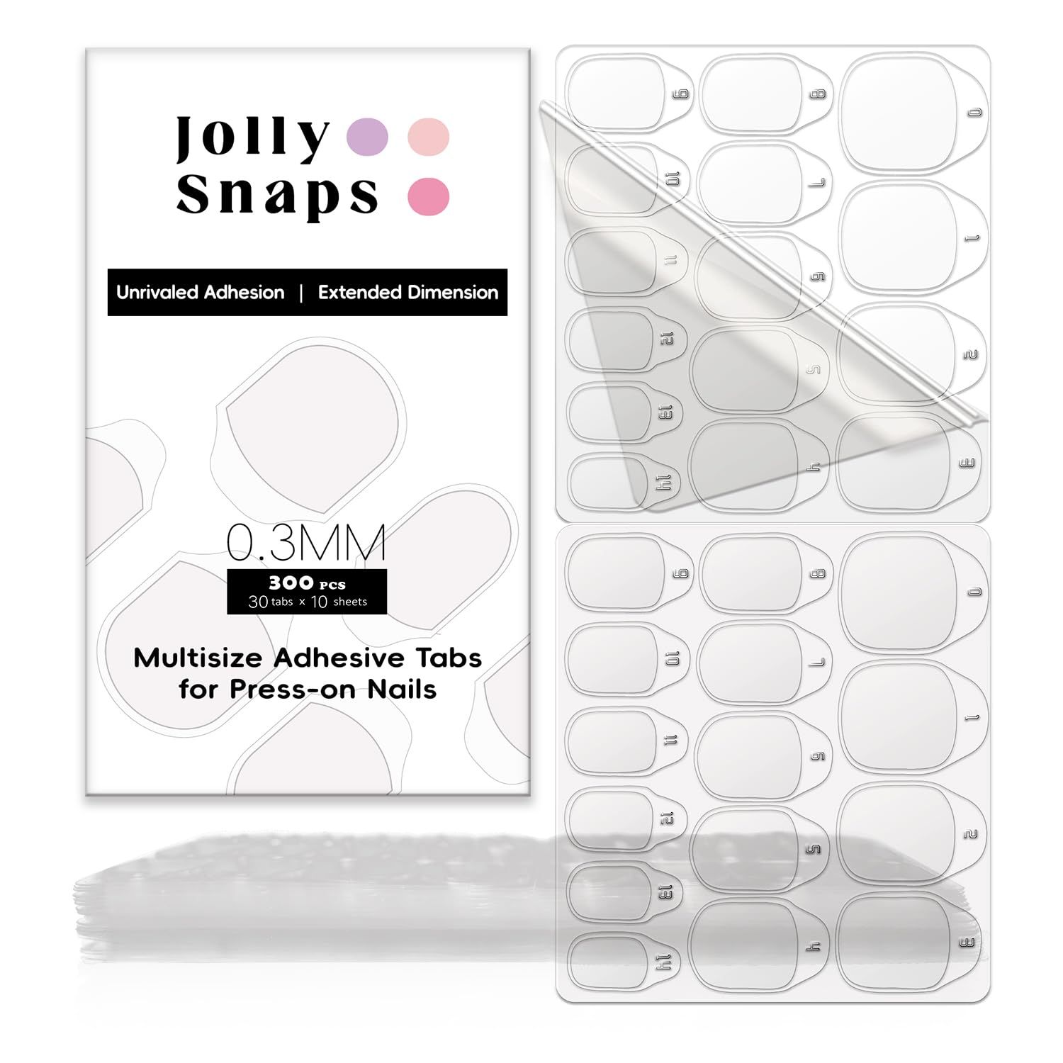 Jolly Snaps 10 Sheets(300pcs) Press on Nail Adhesive Tabs | Upgraded Strong Hold Disposable Nail Stickers for General Use, Family-Friendly &amp; Easy Application