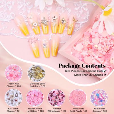 600Pcs Cute 3D Nail Charms and Gems, Pink Rabbit Bow Charms Alloy Butterfly Heart Star Nail Jewels with Nail Rhinestones, Mixed Gold Nail Studs Charms and Glitter Nail Sequins for Nail Design (Pink)