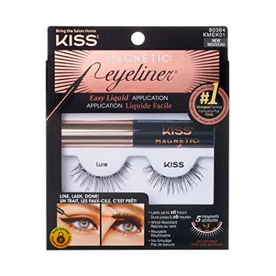 KISS Magnetic Eyeliner &amp; Lash Kit, Lure, 1 Pair of Synthetic False Eyelashes With 5 Double Strength Magnets and Smudge Proof, Biotin Infused Black Magnetic Eyeliner with Precision Tip Brush