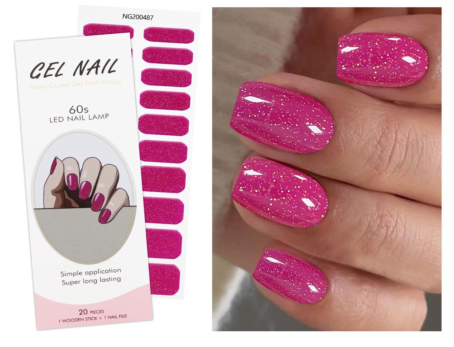 JMEOWIO Gel Nail Stickers Glitter Pink Semi Cured Gel Nail Strips Wraps UV/LED Nail Supplies Nail Art Design Decoration Accessories