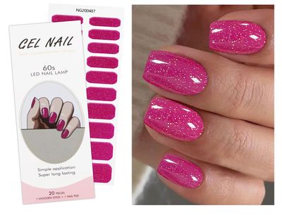 JMEOWIO Gel Nail Stickers Glitter Pink Semi Cured Gel Nail Strips Wraps UV/LED Nail Supplies Nail Art Design Decoration Accessories