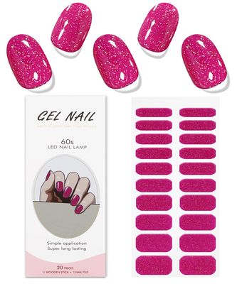 JMEOWIO Gel Nail Stickers Glitter Pink Semi Cured Gel Nail Strips Wraps UV/LED Nail Supplies Nail Art Design Decoration Accessories
