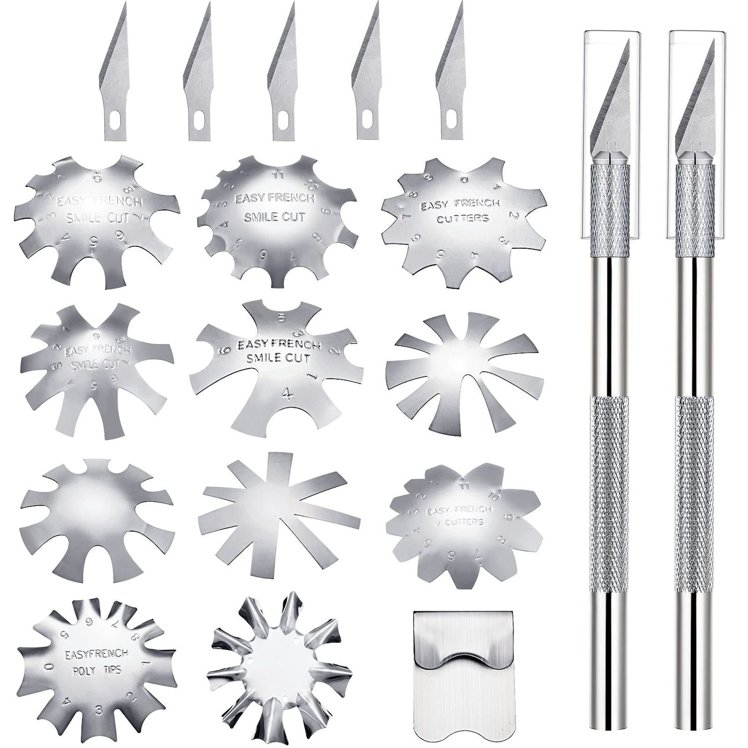 12 Pieces French Nail Trimmer Stainless Steel French Tip Cutters Smile Line Cutter Edge Manicure DIY Plate Module with 2 Handles Cutting Knife and 5 Spare Blade for Acrylic Nail(Silver)