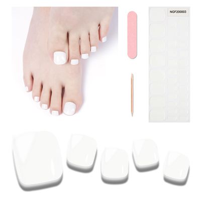 Wekcekcek Semi Cured Gel Toenail Strips, 32 Snow White Gel Toenail Stickers - Works with Any UV Lamps Pedicure Strips Full Nail Wraps with Nail File &amp; Wood Stick