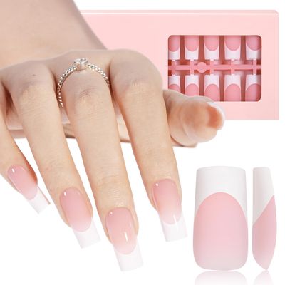 AILLSA French Tip Press On Nails, 180 Pcs Pink Long Square French Gel Nail Tips,Pre-Applied Primer &amp; Base Coat,No Need File,Press on Nails for Women 15 Sizes