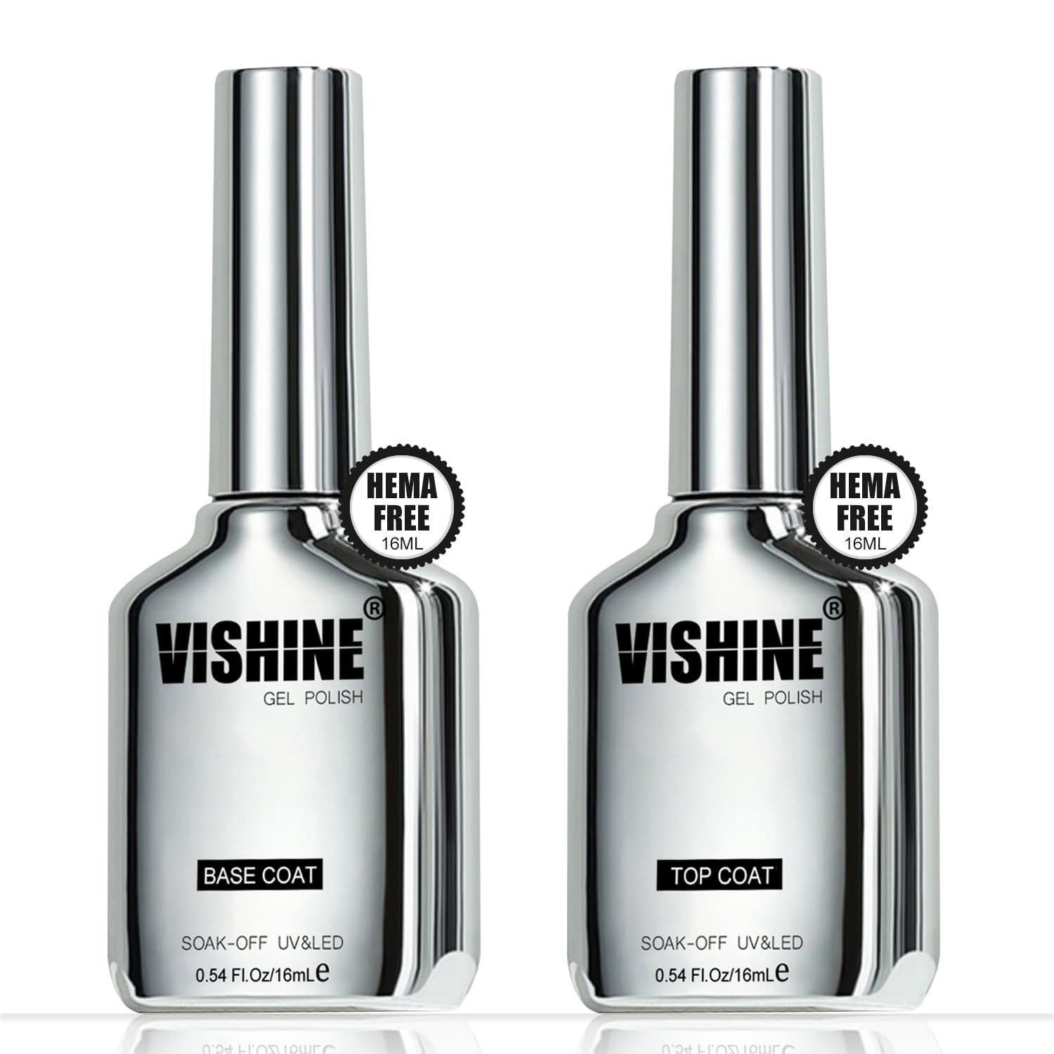 Vishine 2Pcs 0.54Oz Gel HEMA FREE Top Coat and Base Coat for Gel Nail Polish Color No Wipe Top Coat Brilliant High Gloss Long-lasting Anti-Wear Soak off UV Gel Home Manicure Nail Salon 16ml