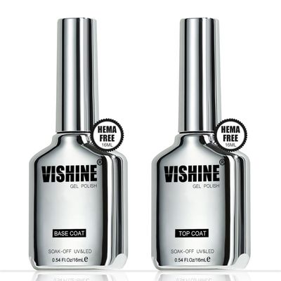 Vishine 2Pcs 0.54Oz Gel HEMA FREE Top Coat and Base Coat for Gel Nail Polish Color No Wipe Top Coat Brilliant High Gloss Long-lasting Anti-Wear Soak off UV Gel Home Manicure Nail Salon 16ml