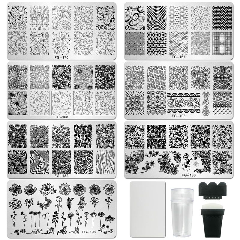 AddFavor Nail Stamper Kit 7pcs Nail Stamping Plates Geometric Mandala Flower Nail Stencils with 2 Stamp and 2 Scraper for Home Salon Manicure Design Supplies Tools