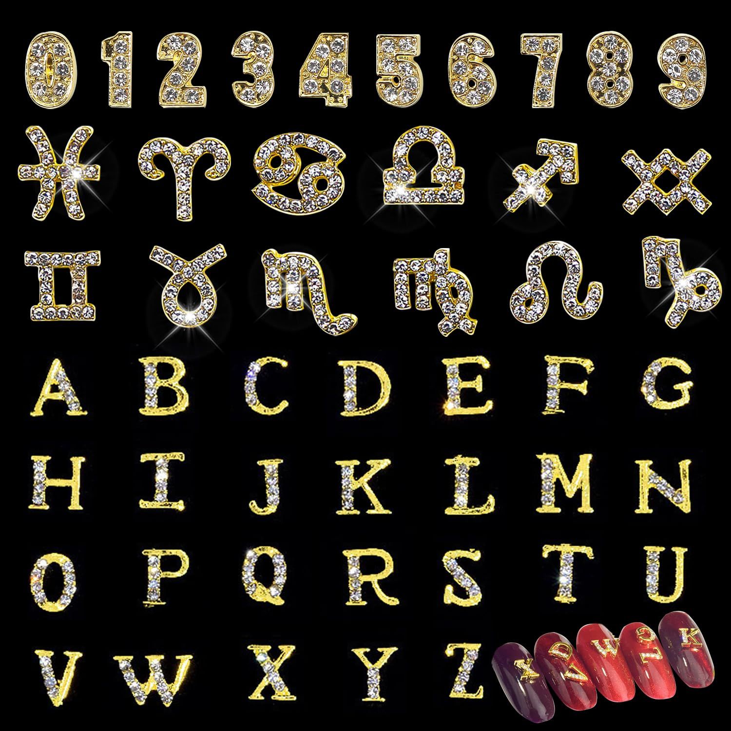 JERCLITY 48 Pieces Alloy Gold Nail Charms, 12pcs Zodiac Nail Charms, 26pcs Letter Nail Charms, 10pcs Number Nail Charms, Gold Charms for Women Girls Nail Art