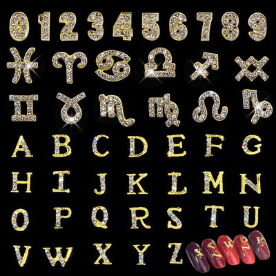 JERCLITY 48 Pieces Alloy Gold Nail Charms, 12pcs Zodiac Nail Charms, 26pcs Letter Nail Charms, 10pcs Number Nail Charms, Gold Charms for Women Girls Nail Art