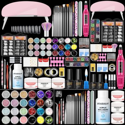 Acrylic Nail Kit with Everything for Beginner with Drill and U V Light 3Pcs Acrylic Powder 24Pcs Glitter Powder Professional Nail Kit 200Pcs Nail Tips DIY Salon