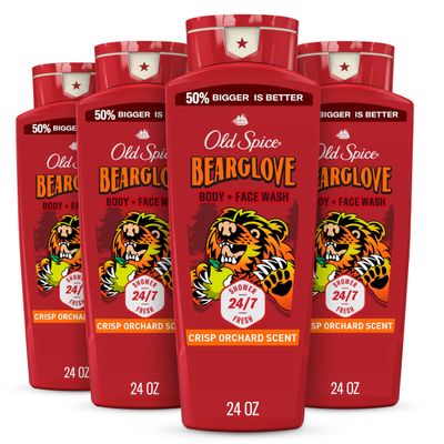 Old Spice Cleansing Body Wash for Men, 3X Defense, 24/7 Shower Fresh with Lasting Scent, 2-in-1 Body &amp; Face Wash, Bearglove with Crisp Orchard Scent, 24 oz (Pack of 4)