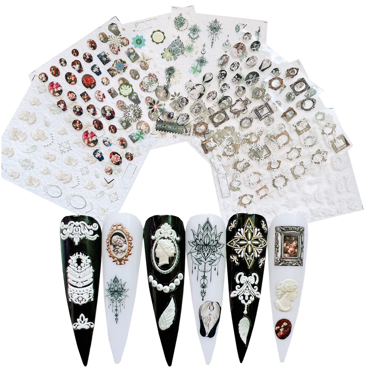 NAIL ANGEL 7Sheets Nail Art Adhesive Sticker Sheet 3D White Wedding Frame Shapes Nail Art Decoration 10310