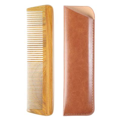 Onedor Handmade 100 Natural Green Sandalwood Wooden Comb for Men Hair, Beard, and Mustache Styling Pocket Comb With Leather Case (Long)