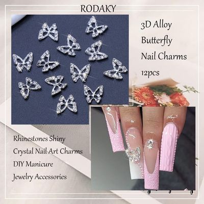 RODAKY 3D Alloy Butterfly Nail Art Charms - 12PCS Silver Butterflies With Gems and Rhinestones for Nail Decoration