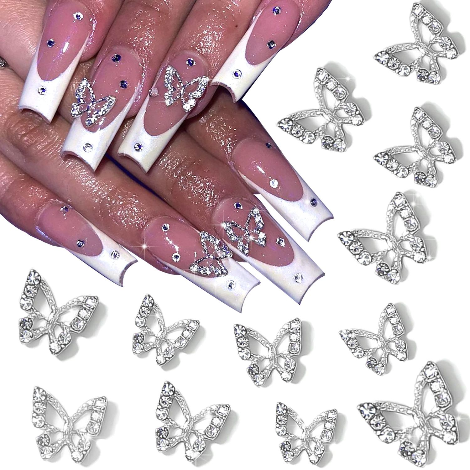 RODAKY 3D Alloy Butterfly Nail Art Charms - 12PCS Silver Butterflies With Gems and Rhinestones for Nail Decoration