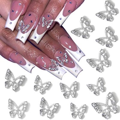 RODAKY 3D Alloy Butterfly Nail Art Charms - 12PCS Silver Butterflies With Gems and Rhinestones for Nail Decoration