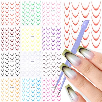 U-Shinein 12 Sheets Colorful French Tip Nail Stickers, Gradient French Line Nail Art Stickers with Tweezer, French Tip Nail Decals 3D Self-Adhesive Nail Tips Guides for Women Manicure Decoration