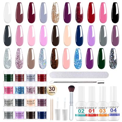 EODCI Dip Powder Nail Kit Starter, 30 Colors Dip Nails Skin Nude Brown Glitter, Dark Color Acrylic Dipping Powder Liquid Set with Base/Top Coat Activator Brush Saver for Manicure DIY Gift