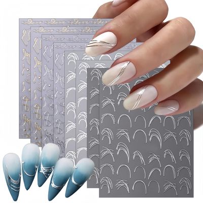 8 Sheets French Line Nail Art Stickers 3D Self-Adhesive Exquisite Gold and Silver White Metallic Designs Nail Decals Irregular French Line Nail Supplies for Women and Girls DIY Nail Art Decoration