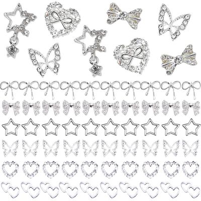KACHIMOO 68PCS Y2K Silver Nail Charms - Butterfly, Bow, Star &amp; Heart Shapes for Acrylic Nails (10 Styles)