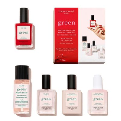 Manucurist System Green Red (Poppy Red) - Professional Manicure Set, Vegan &amp; Plant-Based : 1 Nail Prep, 1 Base Coat, 1 Nail Polish, 1 Top Coat, Drying Drops- No Lamp -Beauty Gift For Woman