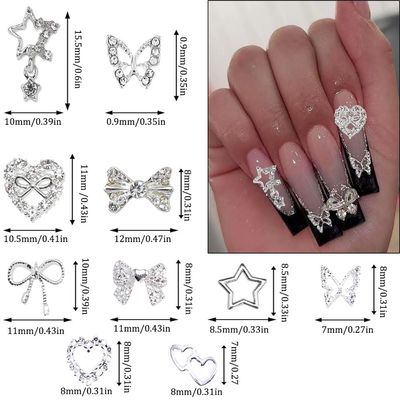 KACHIMOO 68PCS Y2K Silver Nail Charms - Butterfly, Bow, Star &amp; Heart Shapes for Acrylic Nails (10 Styles)