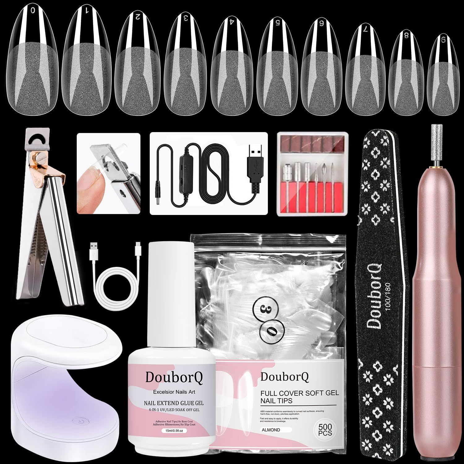 Major Dijit Gel Nail Kit - Beginner Gel Nail Set with Nail Drill, 0.5oz 4-in-1 Nail Glue, 500PCS Almond Nail Tips, UV Lamp for Nail Extension &amp; Art