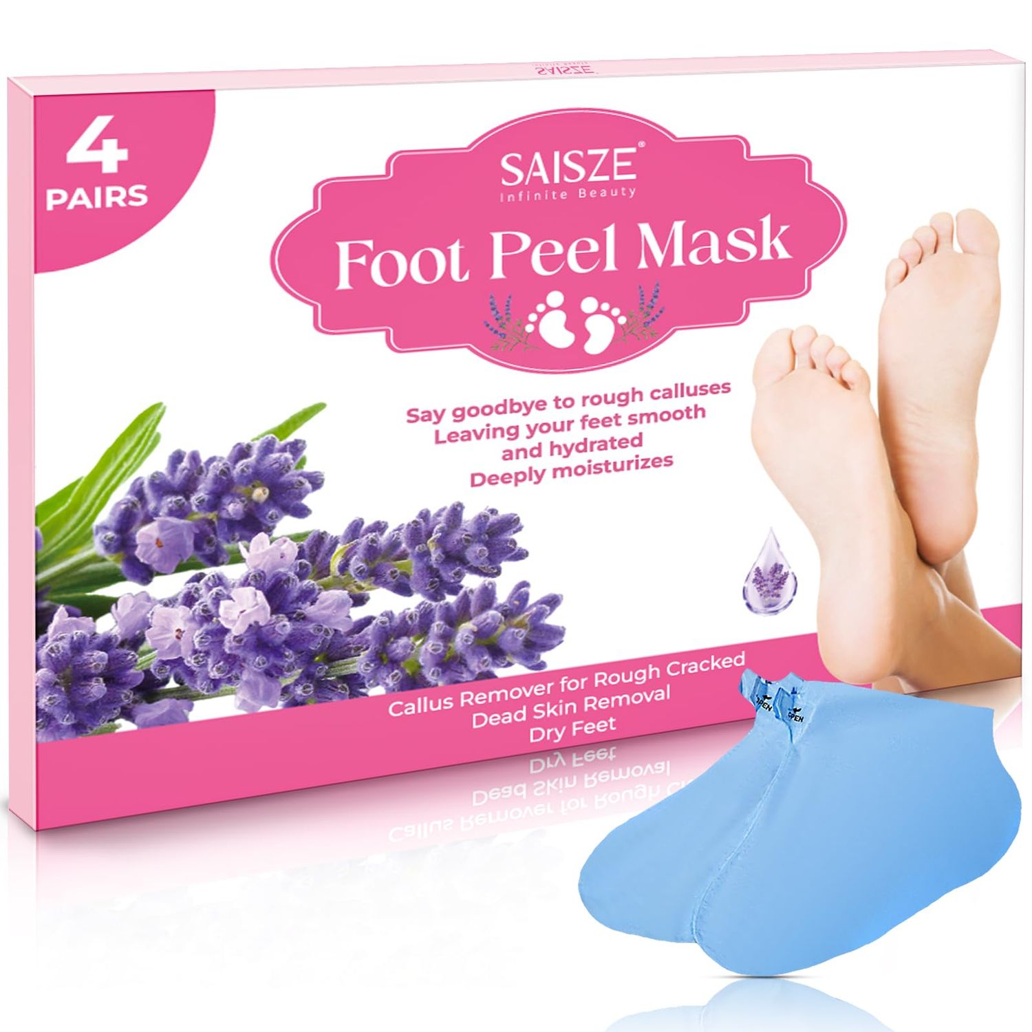 SAISZE Foot Peeling Mask, 4 Pairs, Lavender, Natural Exfoliating Foot Mask for Dry Cracked Feet, Dead Skin Callus Remover for Baby Soft Feet