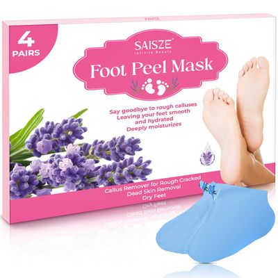 SAISZE Foot Peeling Mask, 4 Pairs, Lavender, Natural Exfoliating Foot Mask for Dry Cracked Feet, Dead Skin Callus Remover for Baby Soft Feet