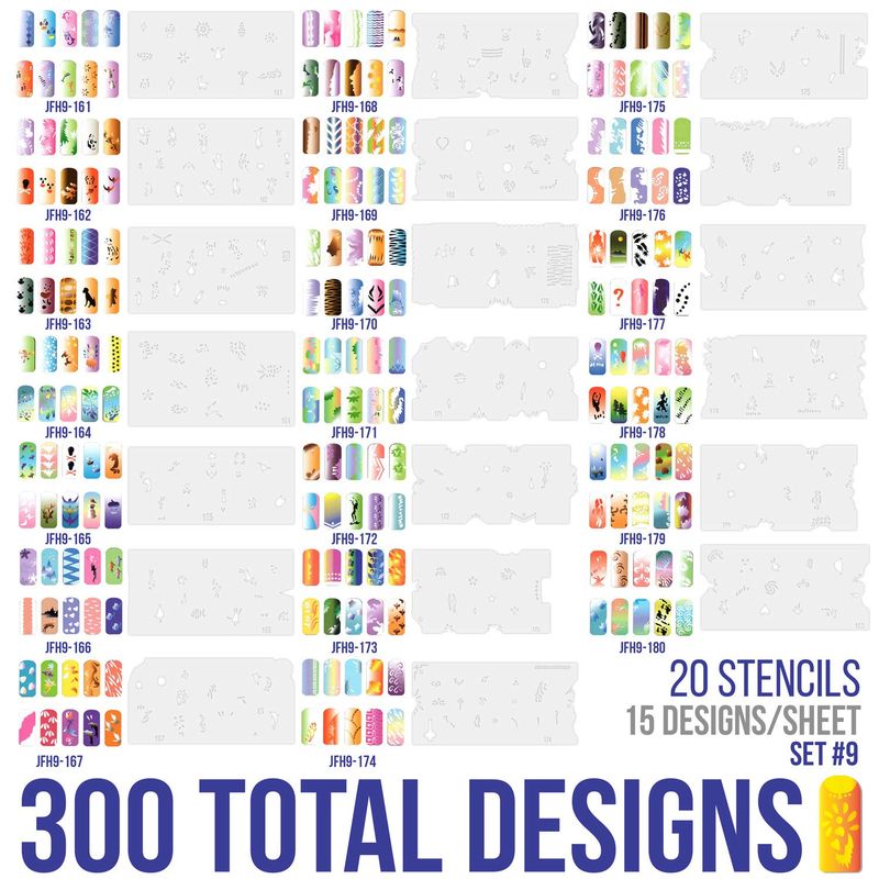 Custom Body Art Airbrush Nail Stencils - Design Series Set 9 Includes 20 Individual Nail Art Template Sheets with 15 Designs Each for a Total 300 Patterns