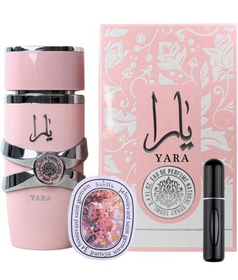 Bundle of Yara Pink 3.4oz Eau De Perfume with 1 Travel Refillable Bottle(5ML) &amp; 1 Scented Car Freshener Card