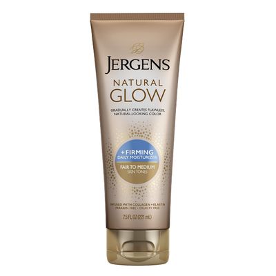 Jergens Natural Glow FIRMING Body Lotion, Fair to Medium Skin Tone, 7.5 Ounce Sunless Tanning Daily Moisturizer with Collagen and Elastin. Helps to Visibly Reduce Cellulite