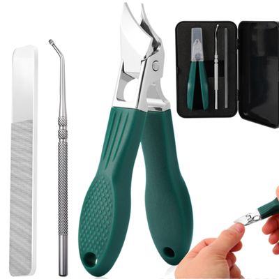 Splashproof 25 Beveled Edge Nail Clippers 3-Piece Set, Long Handle Wide Jaw Opening Anti-Splash Slanted Nail Clipper, for Thick and Ingrown Nails, Includes Nail File for Complete Nail Care