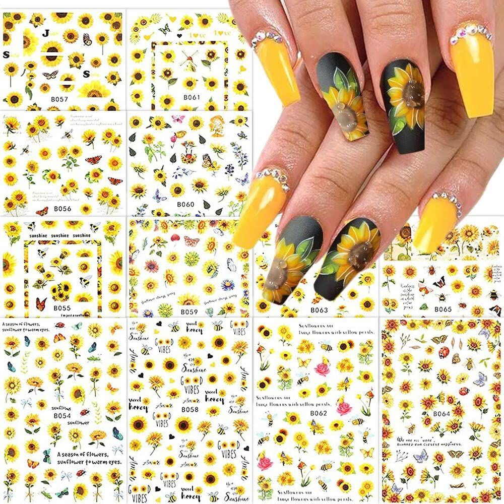 12 Sheets Sunflower Nail Art Stickers Decals JMEOWIO Self-Adhesive Stickers Summer Butterfly Bee Sun Shine Leaves DIY Design Nail Art Decorationfor Women Girls
